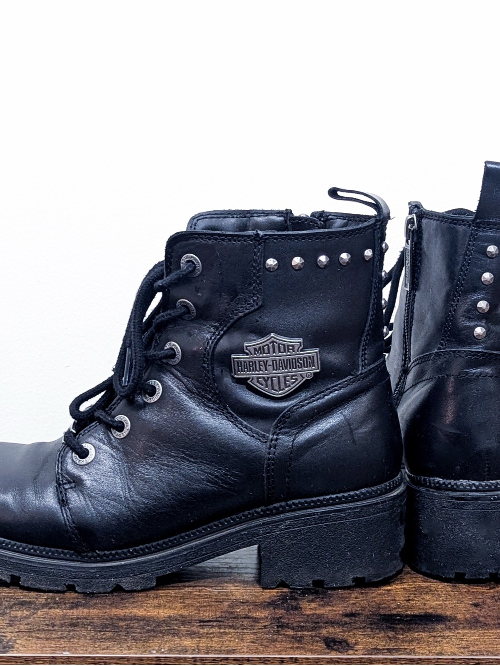 Harley-Davidson Black Leather Studded Lace-Up Moto Boots